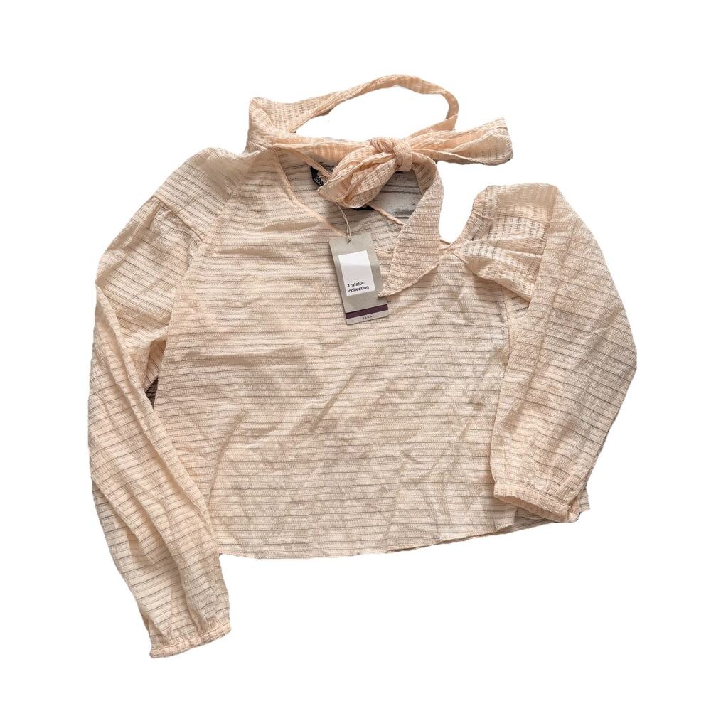 New Zara Trafaluc Collection Blouse Neck Tie Cold Shoulder Sz M Medium Peach NWT